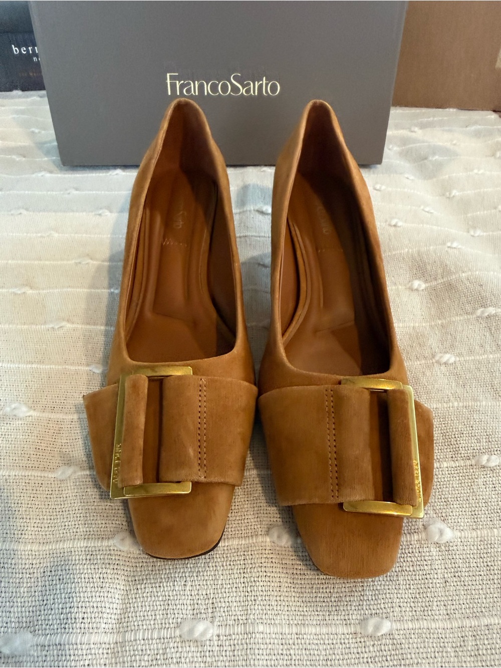 Franco Sarto Tan Suede Loafer with Gold Buckle